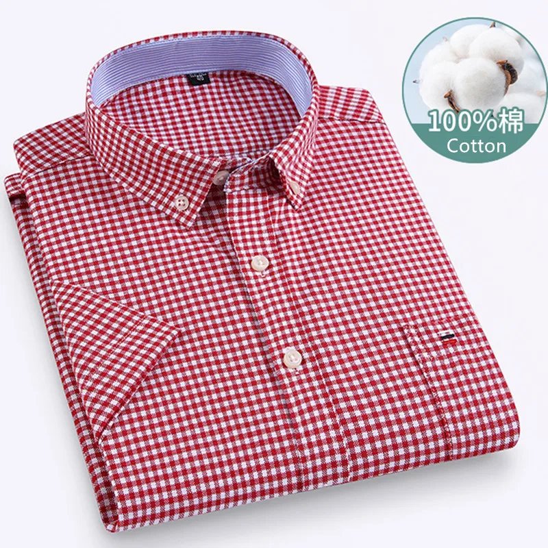 Larger Size 7XL 6XL Classic Men's Short Sleeve Shirt 100% Oxford Cotton Casual College Soft Plaid Stripe Solid Business Slim Fit