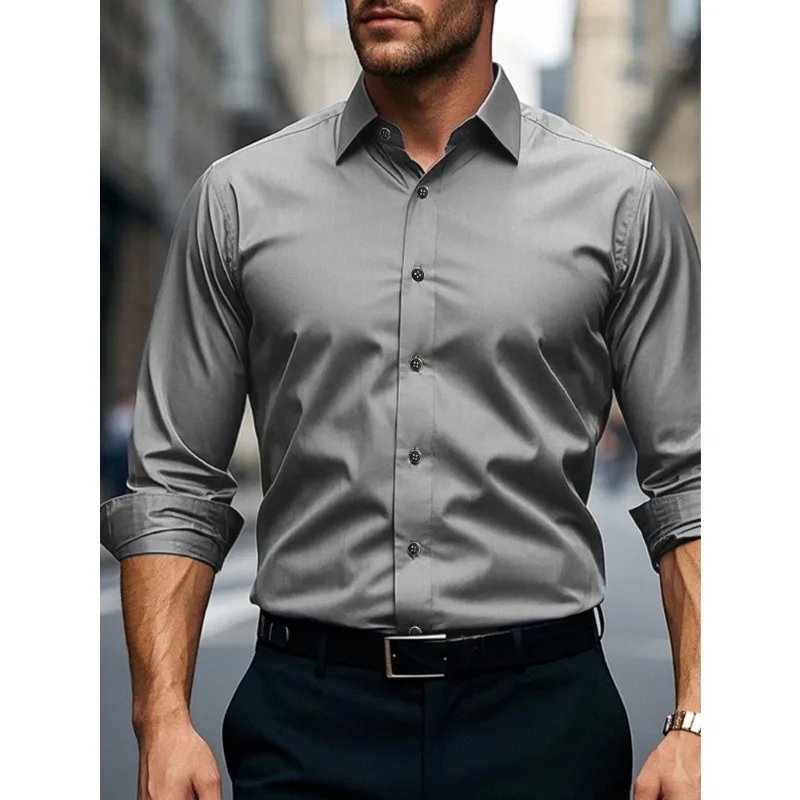 FGKKS Men Casual White Shirt Brand Fashion Solid Color Long Sleeve Elastic Fabric Male Business Dress Shirt