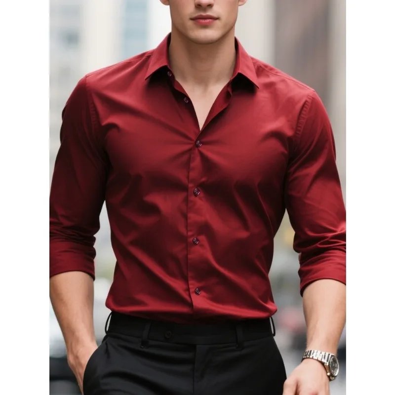 FGKKS Men Casual White Shirt Brand Fashion Solid Color Long Sleeve Elastic Fabric Male Business Dress Shirt