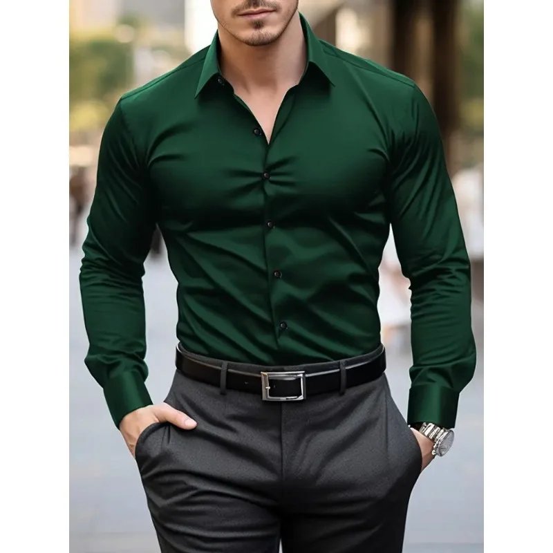 FGKKS Men Casual White Shirt Brand Fashion Solid Color Long Sleeve Elastic Fabric Male Business Dress Shirt