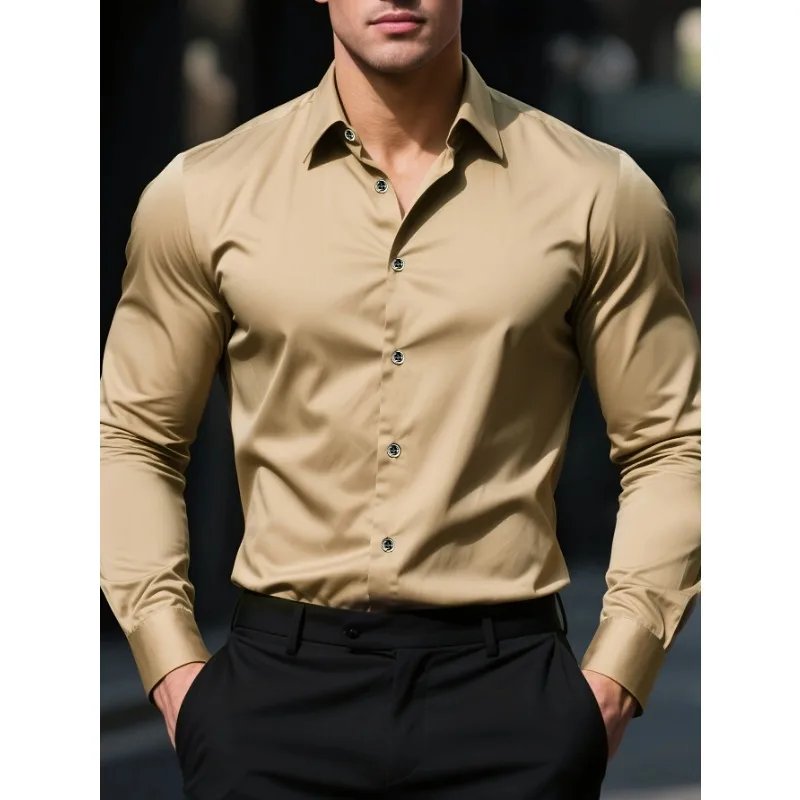 FGKKS Men Casual White Shirt Brand Fashion Solid Color Long Sleeve Elastic Fabric Male Business Dress Shirt