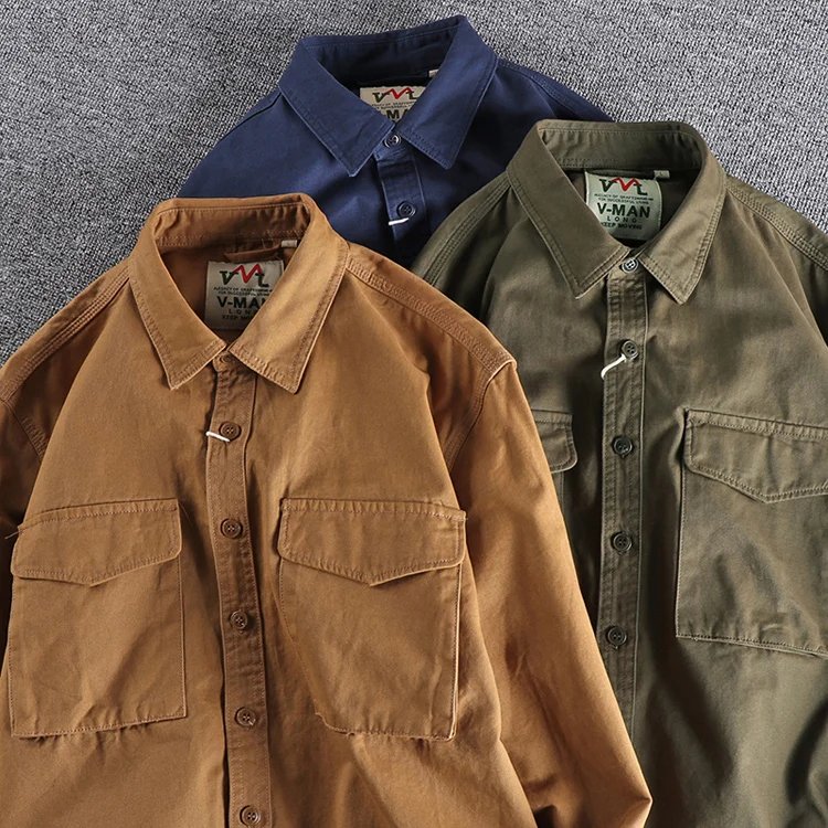 Autumn new 204 khaki retro wash solid color work shirt men's three-dimensional pocket trend loose jacket