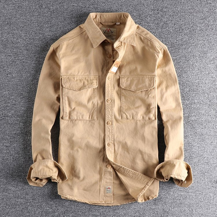 Autumn new 204 khaki retro wash solid color work shirt men's three-dimensional pocket trend loose jacket