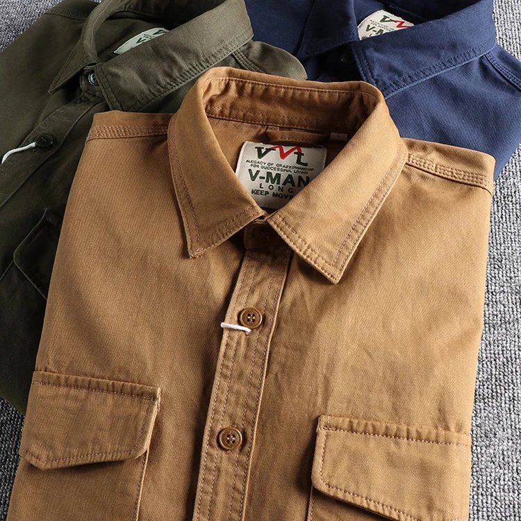 Autumn new 204 khaki retro wash solid color work shirt men's three-dimensional pocket trend loose jacket