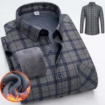 Autumn Winter Thicken Fleece Shirts For Men Business Plaid Shirt Long Sleeve Warm Clothes Male Single Pocket Classic Check Shirt