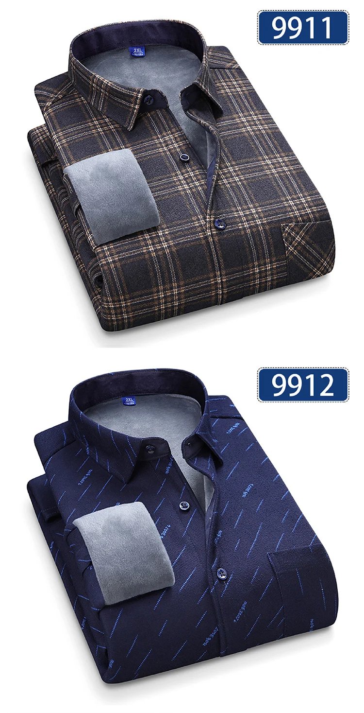 Autumn Winter Thicken Fleece Shirts For Men Business Plaid Shirt Long Sleeve Warm Clothes Male Single Pocket Classic Check Shirt