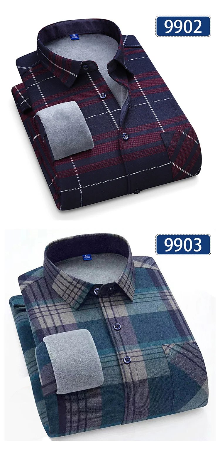Autumn Winter Thicken Fleece Shirts For Men Business Plaid Shirt Long Sleeve Warm Clothes Male Single Pocket Classic Check Shirt
