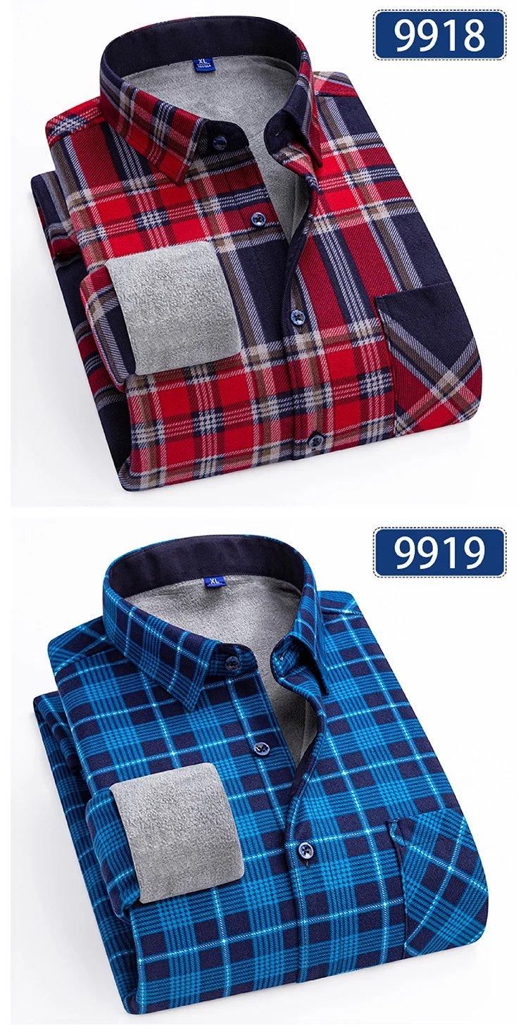 Autumn Winter Thicken Fleece Shirts For Men Business Plaid Shirt Long Sleeve Warm Clothes Male Single Pocket Classic Check Shirt