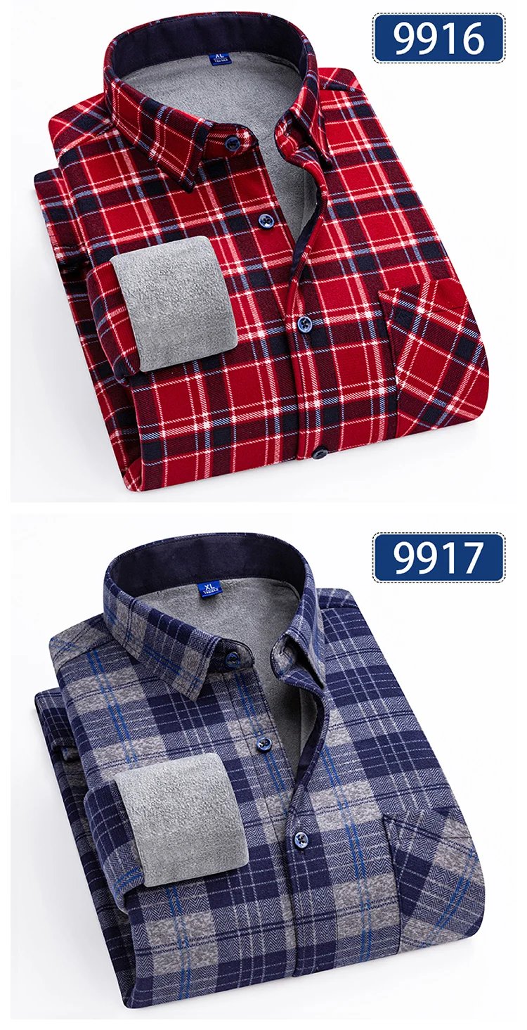 Autumn Winter Thicken Fleece Shirts For Men Business Plaid Shirt Long Sleeve Warm Clothes Male Single Pocket Classic Check Shirt