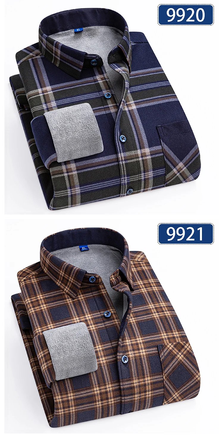 Autumn Winter Thicken Fleece Shirts For Men Business Plaid Shirt Long Sleeve Warm Clothes Male Single Pocket Classic Check Shirt