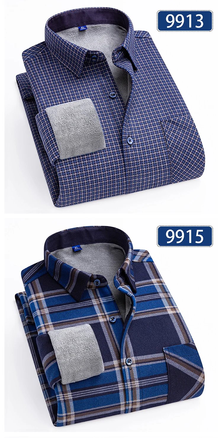 Autumn Winter Thicken Fleece Shirts For Men Business Plaid Shirt Long Sleeve Warm Clothes Male Single Pocket Classic Check Shirt