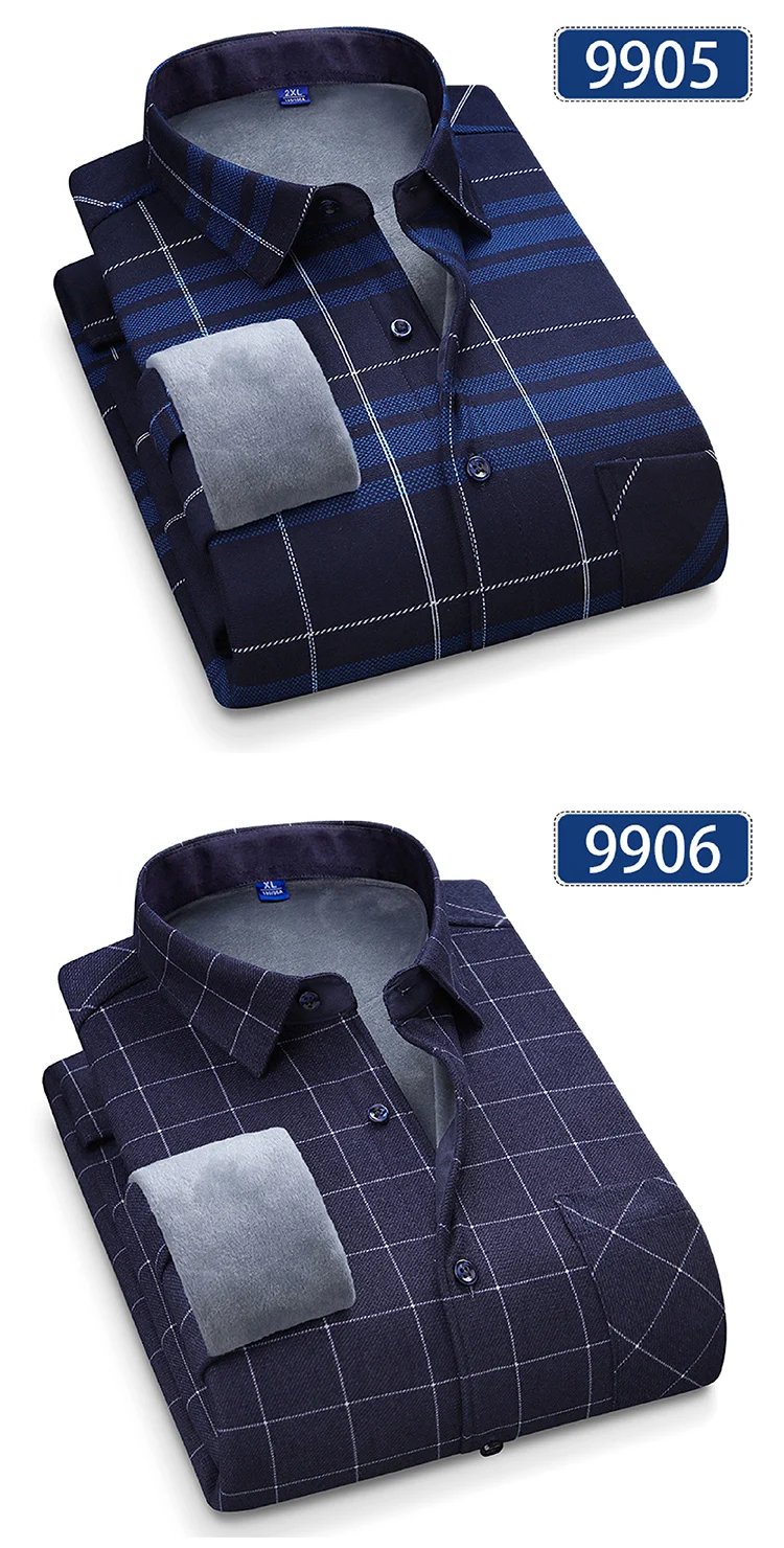 Autumn Winter Thicken Fleece Shirts For Men Business Plaid Shirt Long Sleeve Warm Clothes Male Single Pocket Classic Check Shirt