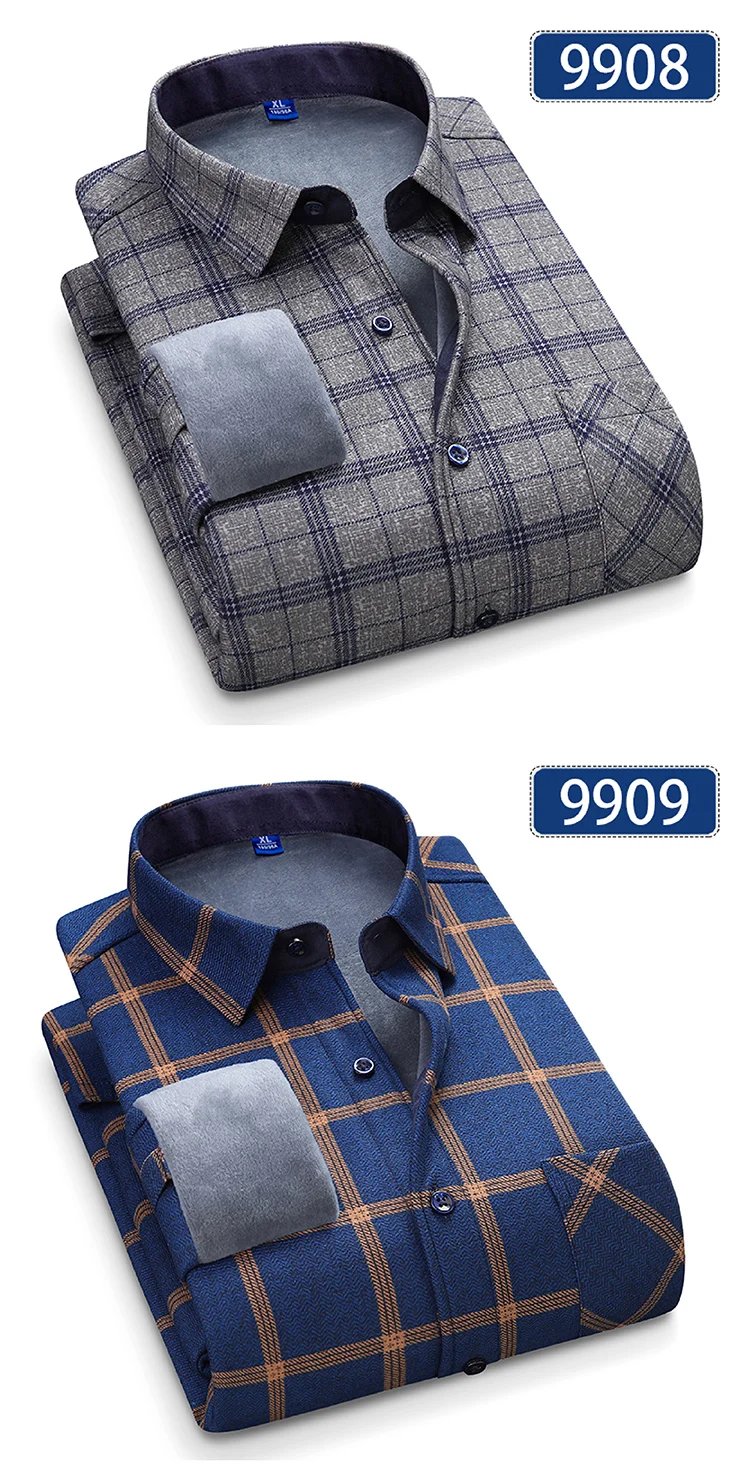 Autumn Winter Thicken Fleece Shirts For Men Business Plaid Shirt Long Sleeve Warm Clothes Male Single Pocket Classic Check Shirt