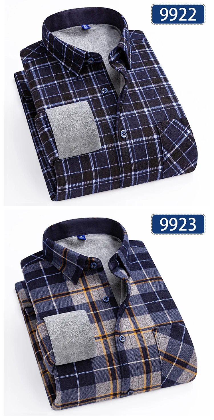 Autumn Winter Thicken Fleece Shirts For Men Business Plaid Shirt Long Sleeve Warm Clothes Male Single Pocket Classic Check Shirt