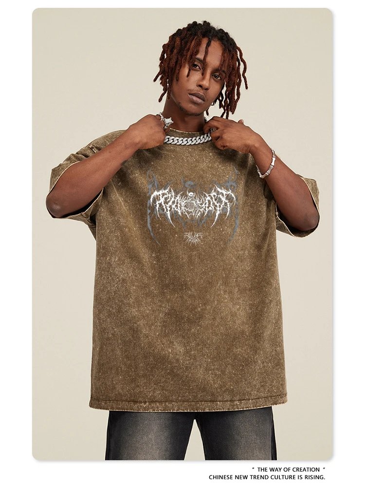 Y2k Harajuku Retro Acid T-Shirt Printed Pattern T-Shirt Streetwear Summer Pure Cotton Short Pure Cotton Washed Black Top Unisex