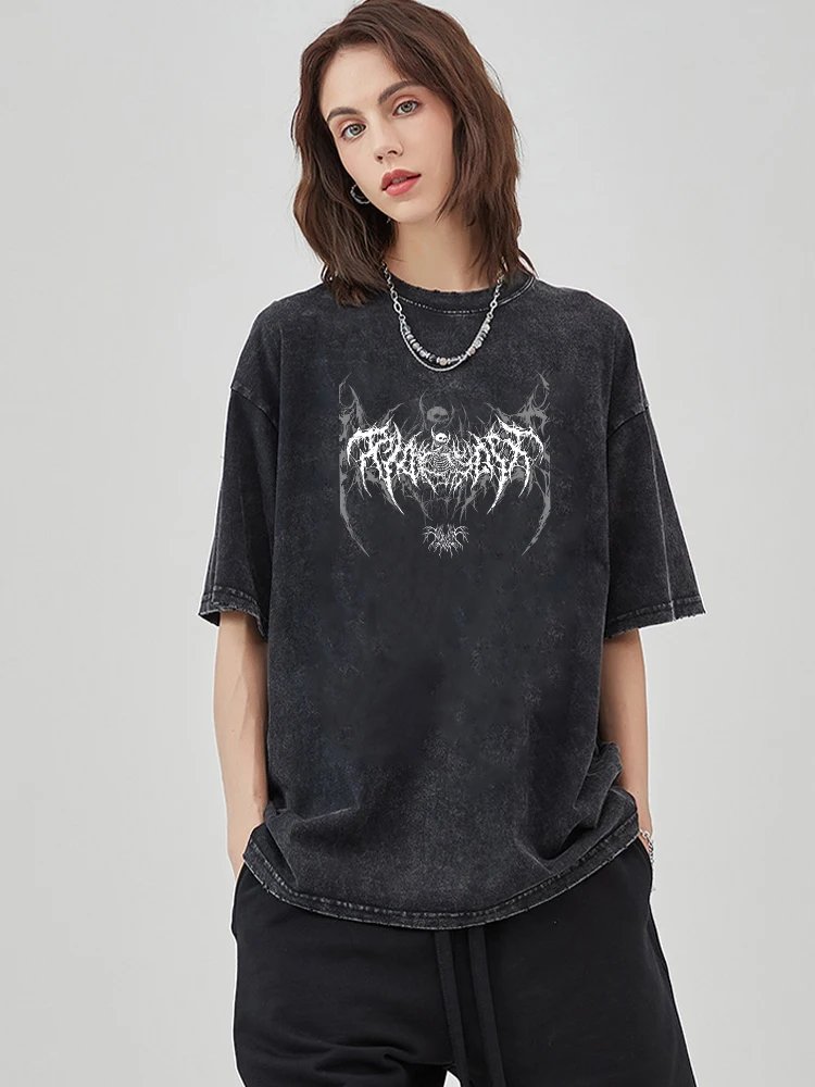 Y2k Harajuku Retro Acid T-Shirt Printed Pattern T-Shirt Streetwear Summer Pure Cotton Short Pure Cotton Washed Black Top Unisex