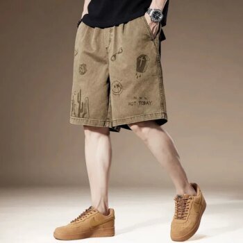 Summer New Fashion Trend Pure Cotton Printed Retro Workwear Shorts Men's Casual Loose Sports High-Quality Plus Size Shorts