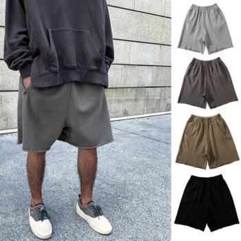 Men Cotton Shorts Thick 380g Bodybuilding Short Sweatpants Fitness Jogger Gym Men Kanye Grey West Shorts Black Zipper Pockets