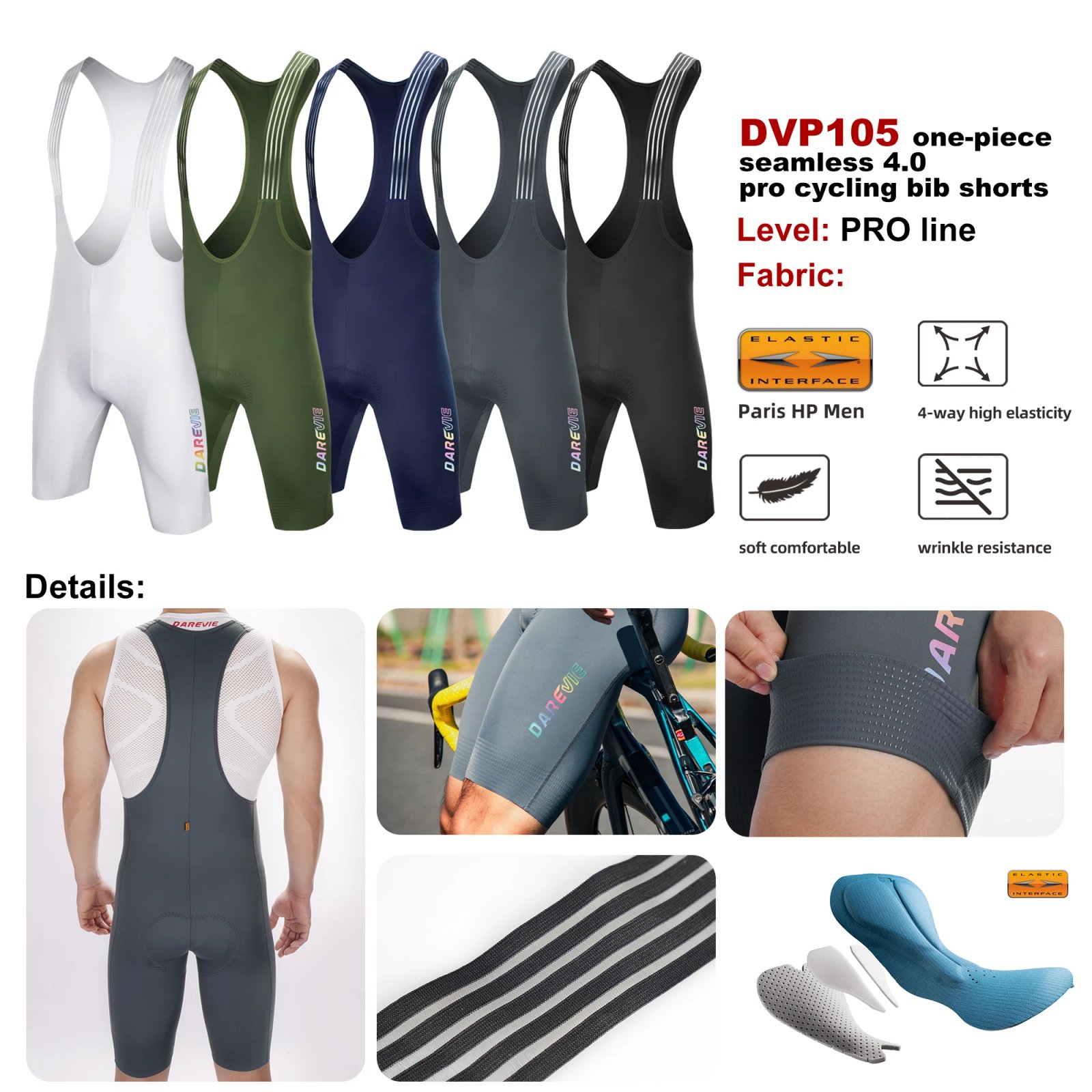 DAREVIE Cycling Bib Shorts Seamless 4.0 Italy ELASTIC-INTERFACE Pad Cycling Shorts Diamond Leg Gripper Men's Bretelelle Shorts