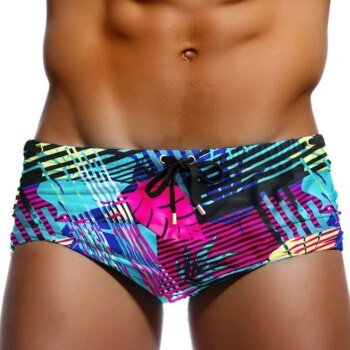 Sexy Mens Swimwear Leaf Print Swim Boxer Briefs Bikini Brazilian Cut Surf Trunks Swimsuits Underwear Beach Sports Shorts