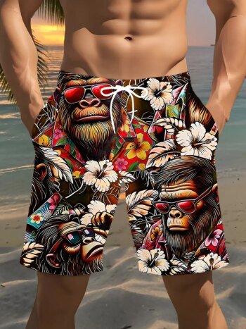 3D Gorilla Print Design Fashion Sexy Waterproof Quick-Dry Sports Men Kid Surfing Vacation Leisure Parent-child Beach Short Pants