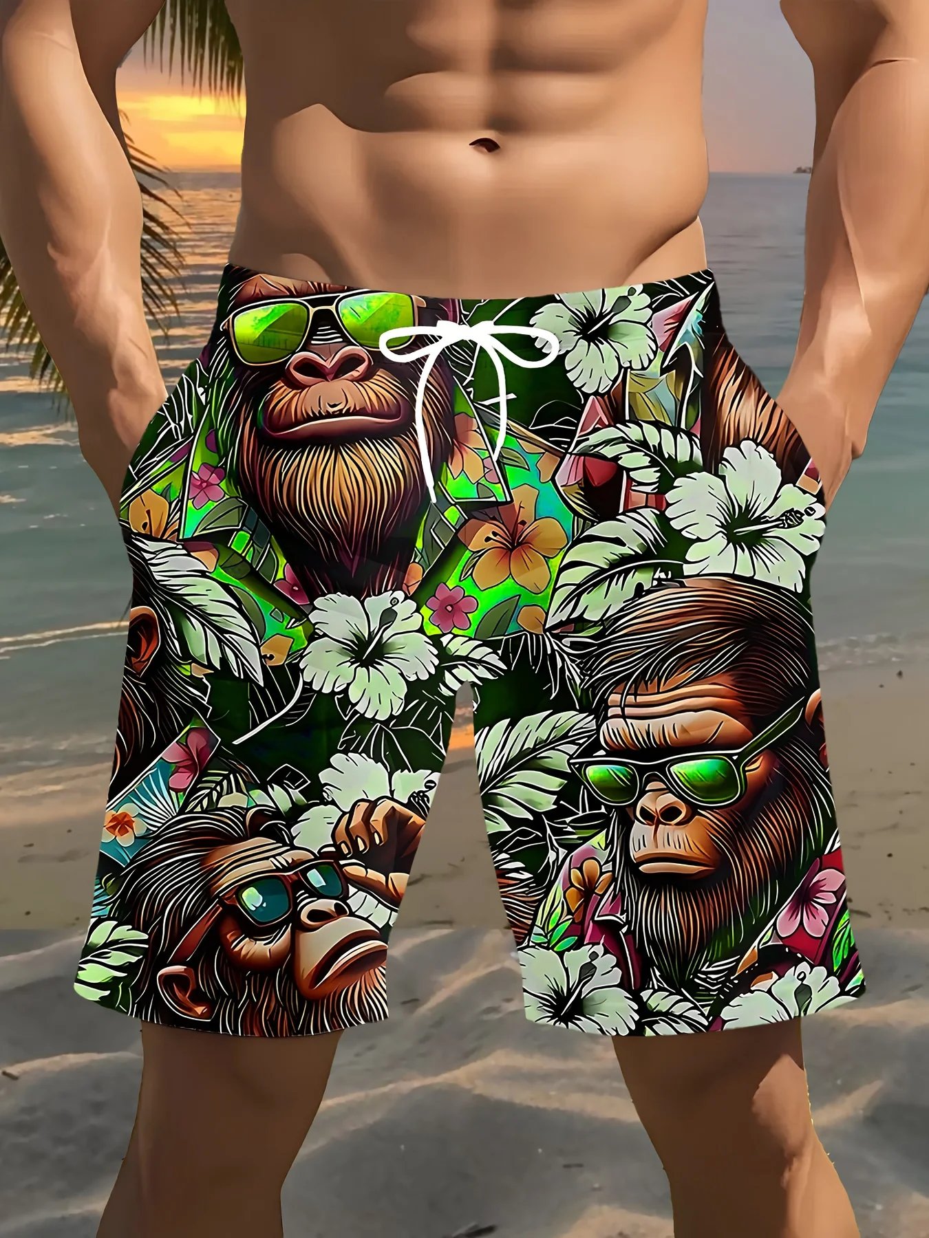 3D Gorilla Print Design Fashion Sexy Waterproof Quick-Dry Sports Men Kid Surfing Vacation Leisure Parent-child Beach Short Pants