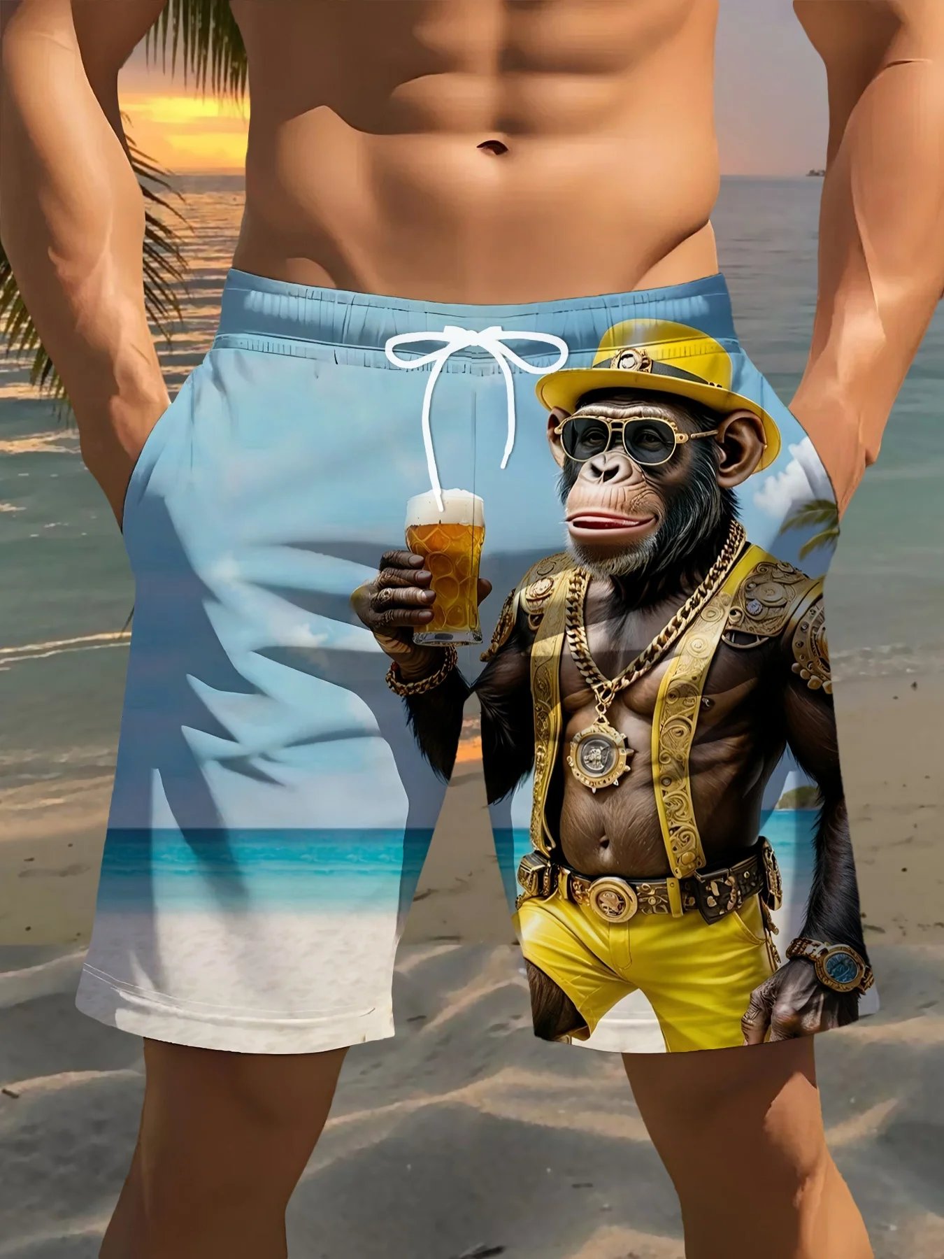 3D Gorilla Print Design Fashion Sexy Waterproof Quick-Dry Sports Men Kid Surfing Vacation Leisure Parent-child Beach Short Pants