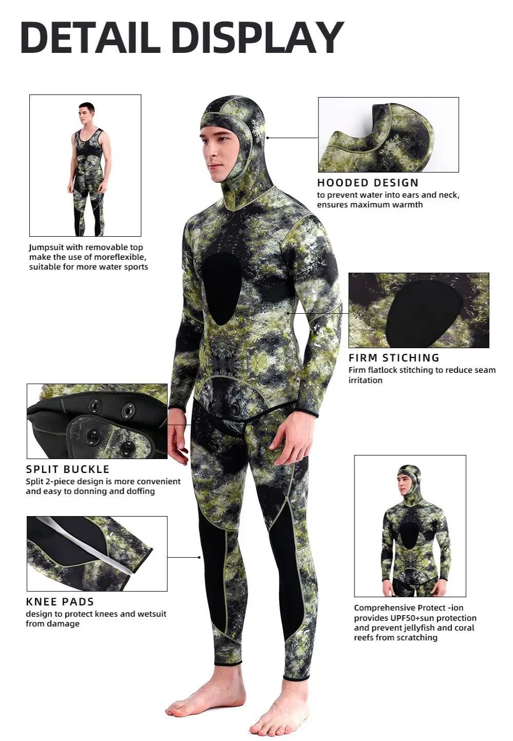 HOT 3mm Camouflage Wetsuit Long Sleeve Fission Neoprene Submersible For Men Keep Warm Top and Pants Two-piece Hooded Diving Suit