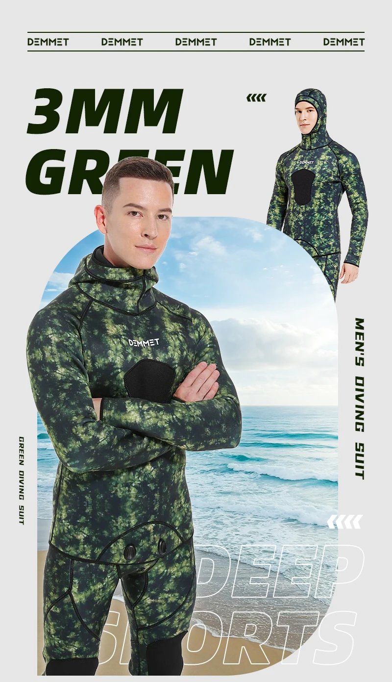 3mm/5mm Spearfishing Wetsuit Camouflage Open Cell Neoprene Free Diving Suit 2-Piece Fullsuit Mens Hooded Snorkeling Suits