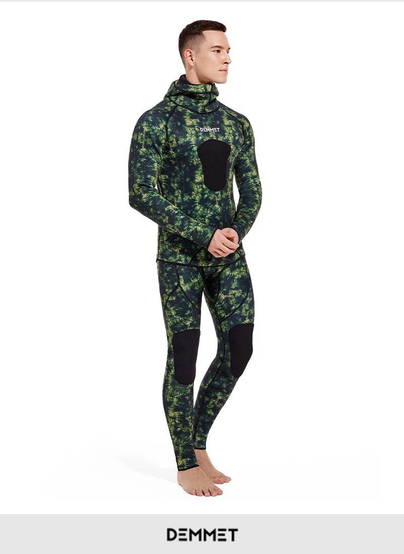 3mm/5mm Spearfishing Wetsuit Camouflage Open Cell Neoprene Free Diving Suit 2-Piece Fullsuit Mens Hooded Snorkeling Suits