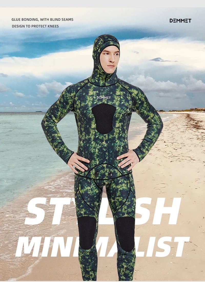 3mm/5mm Spearfishing Wetsuit Camouflage Open Cell Neoprene Free Diving Suit 2-Piece Fullsuit Mens Hooded Snorkeling Suits
