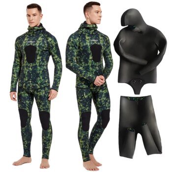 3mm/5mm Spearfishing Wetsuit Camouflage Open Cell Neoprene Free Diving Suit 2-Piece Fullsuit Mens Hooded Snorkeling Suits