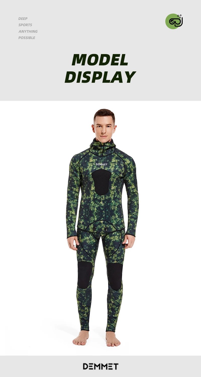 3mm/5mm Spearfishing Wetsuit Camouflage Open Cell Neoprene Free Diving Suit 2-Piece Fullsuit Mens Hooded Snorkeling Suits