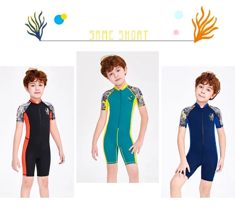 One-Piece Quick Drying Summer Boys Swimwear Children Swimsuits Kid Short Sleeve Sun Protection (including swimming caps)