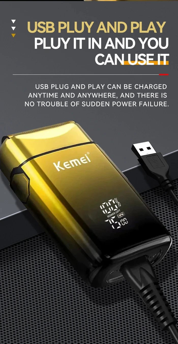 Kemei KM-TX10 USB Charging Electric Shaver For Men Rechargeable Bald Head Razor Beard Trimmer Shaving Machine