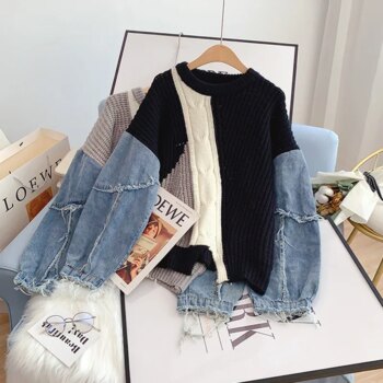 Denim Frayed Patchwork Long Sleeve O-Neck  Women's Sweater
