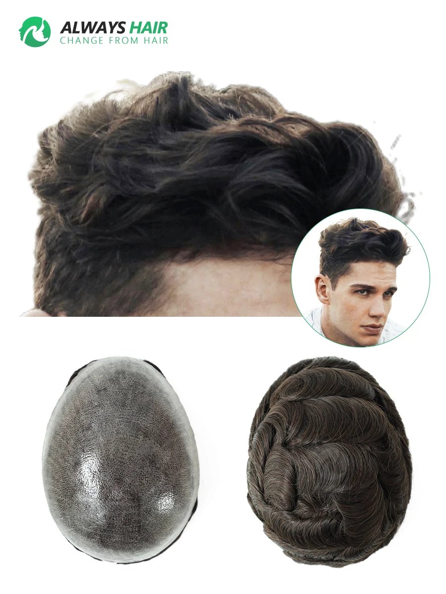 0.12-0.14mm PU Men Toupee Full Thickness Skin Indian Human Hair Men's Capillary Prothesis 130% Density Wig Man