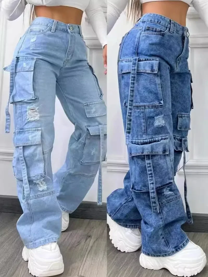 Casual Denim High Waist Multi Pocket Loose Fit Women's Jeans