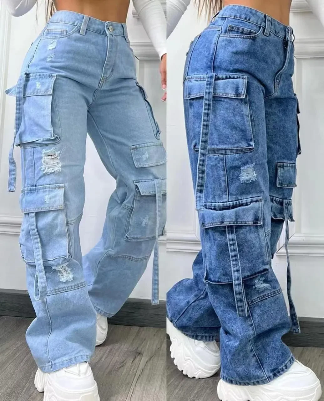 Casual Denim High Waist Multi Pocket Loose Fit Women's Jeans