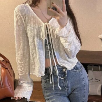 Women's Knitted Summer Top Thin Short Sleeve Bow Design Cardigan Fashion