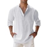 Cotton Linen Hot Sale Men's Short-Sleeved Shirts Solid Color Henley Collar Casual Beach Style