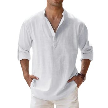 Cotton Linen Hot Sale Men's Short-Sleeved Shirts Solid Color Henley Collar Casual Beach Style