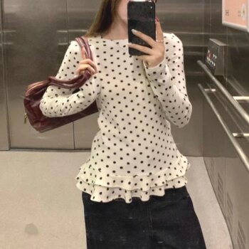 Long Sleeve Polka Dot Thin Interior Women's Top