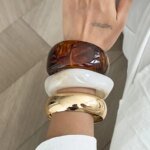 Salircon 3 Style Trendy Exaggerated Resin Wide Bangle Women HipHop Gold Color Geometric Heavy Metal Bangles Bracelet Men Jewelry