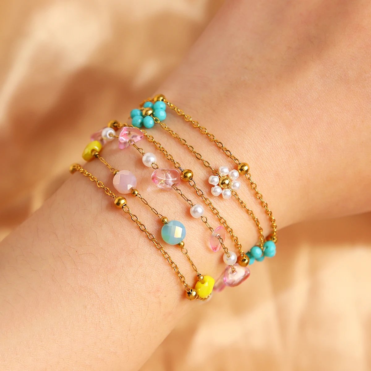 6Pcs/Set Stainless Steel Double-layer Bracelet, Colorful Rhinestone With Gold Color Round Bead Bracelet, Exquisite Jewelry Gift