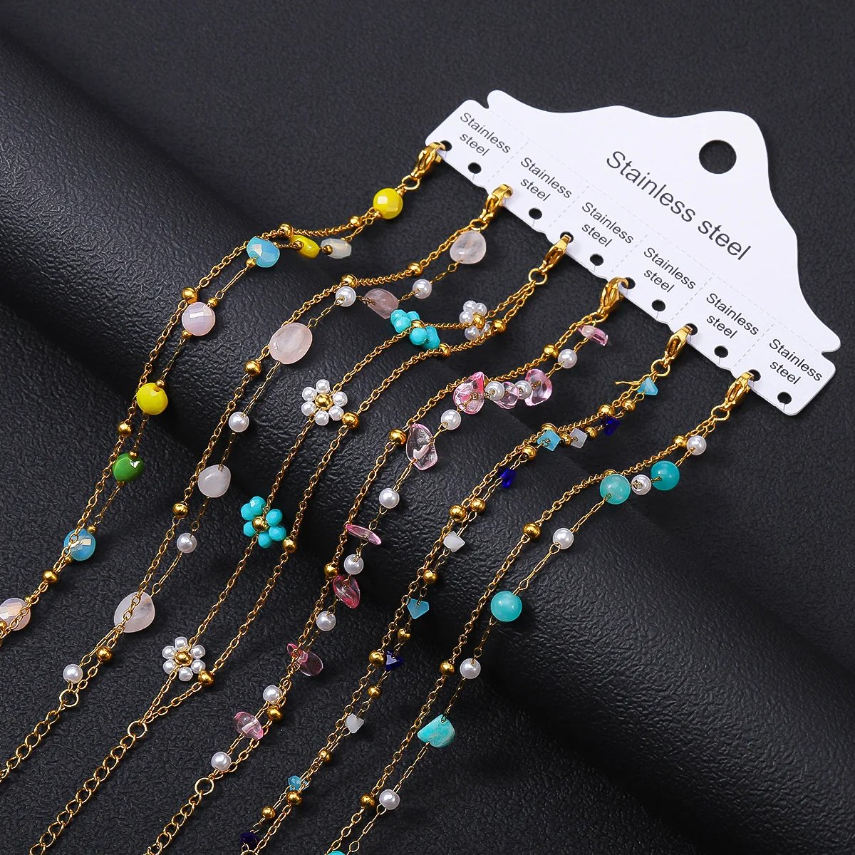 6Pcs/Set Stainless Steel Double-layer Bracelet, Colorful Rhinestone With Gold Color Round Bead Bracelet, Exquisite Jewelry Gift