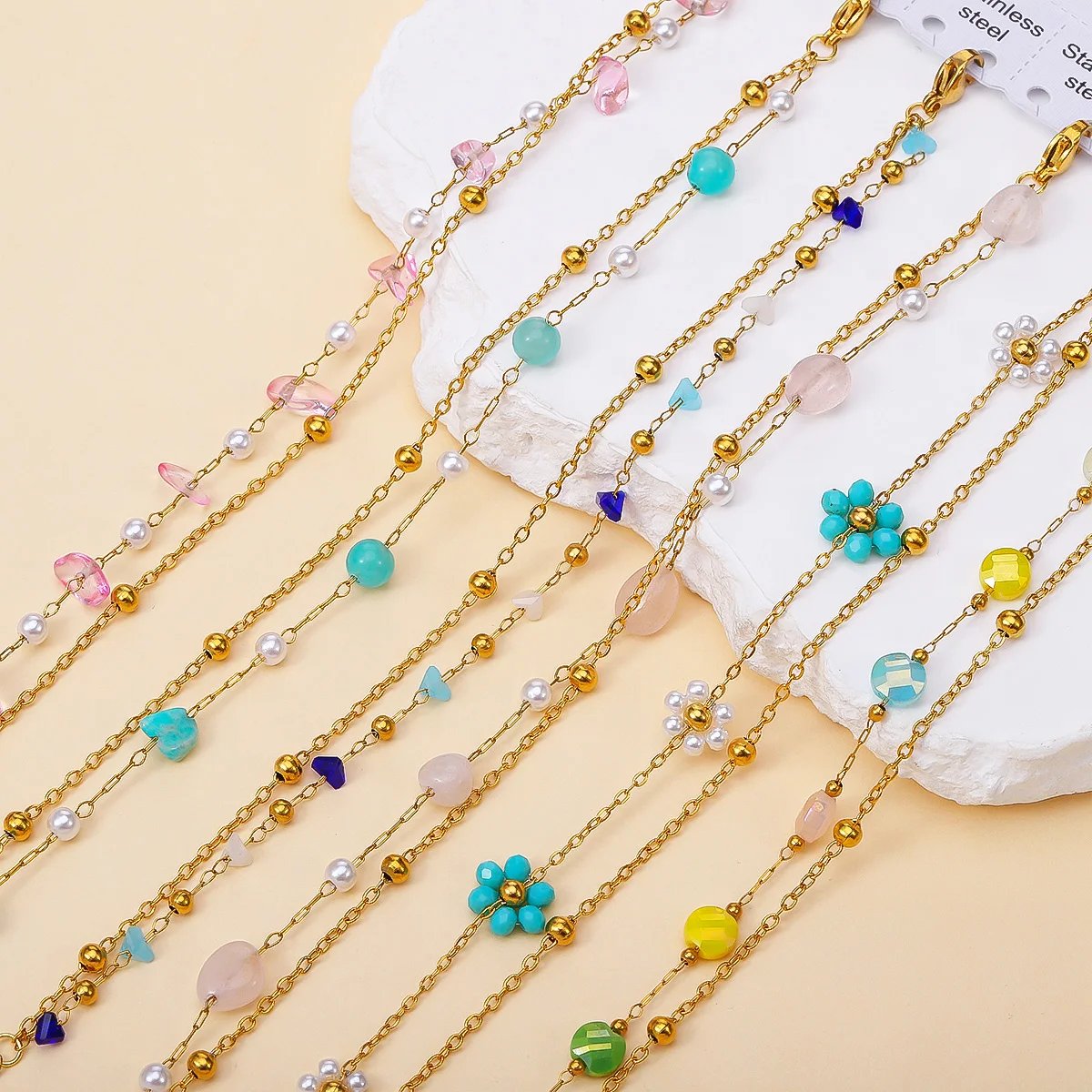 6Pcs/Set Stainless Steel Double-layer Bracelet, Colorful Rhinestone With Gold Color Round Bead Bracelet, Exquisite Jewelry Gift