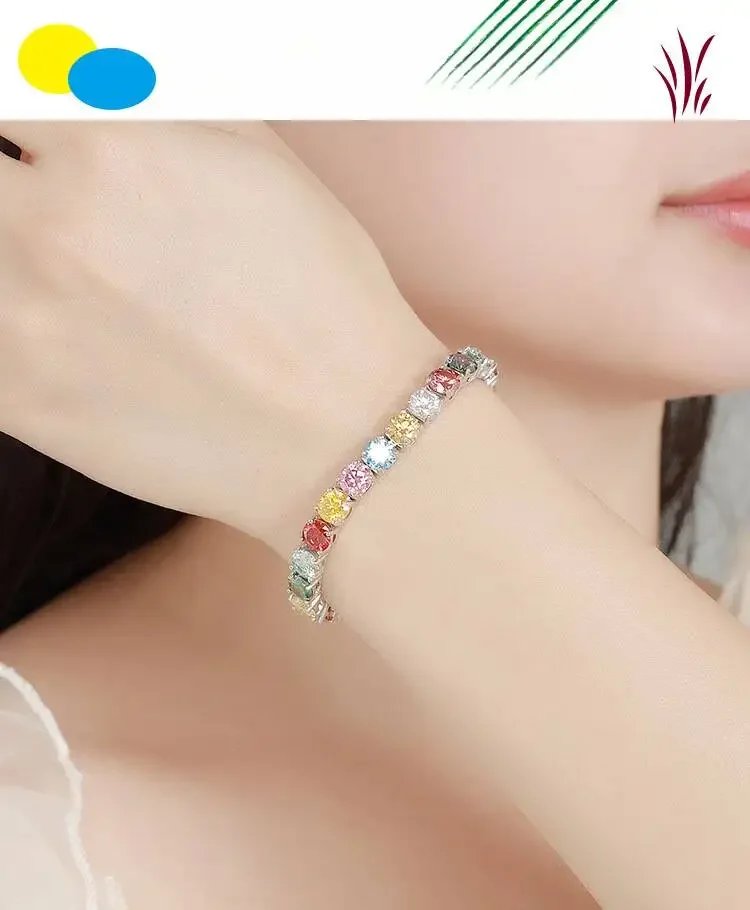 3MM 4MM 5MM 6.5MM Colored Tennis Moissanite ZirconGemstone Bracelets Hand Chain 100% 925 Sterling Silver Fine Jewelry Party Gift