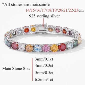 3MM 4MM 5MM 6.5MM Colored Tennis Moissanite ZirconGemstone Bracelets Hand Chain 100% 925 Sterling Silver Fine Jewelry Party Gift