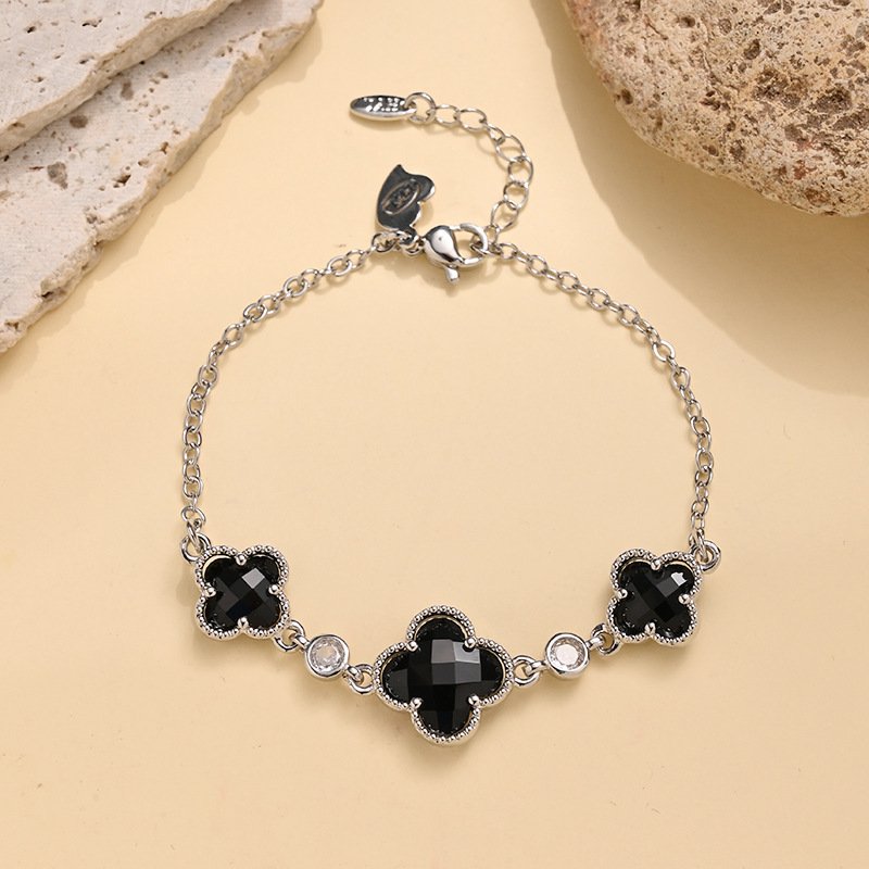 Manufacturer Wholesale Double-Sided Four-Leaf Clover Bracelet for Women, Copper Gold-Plated Zircon Flower Light Luxury Design Trendy Popular Bracelet